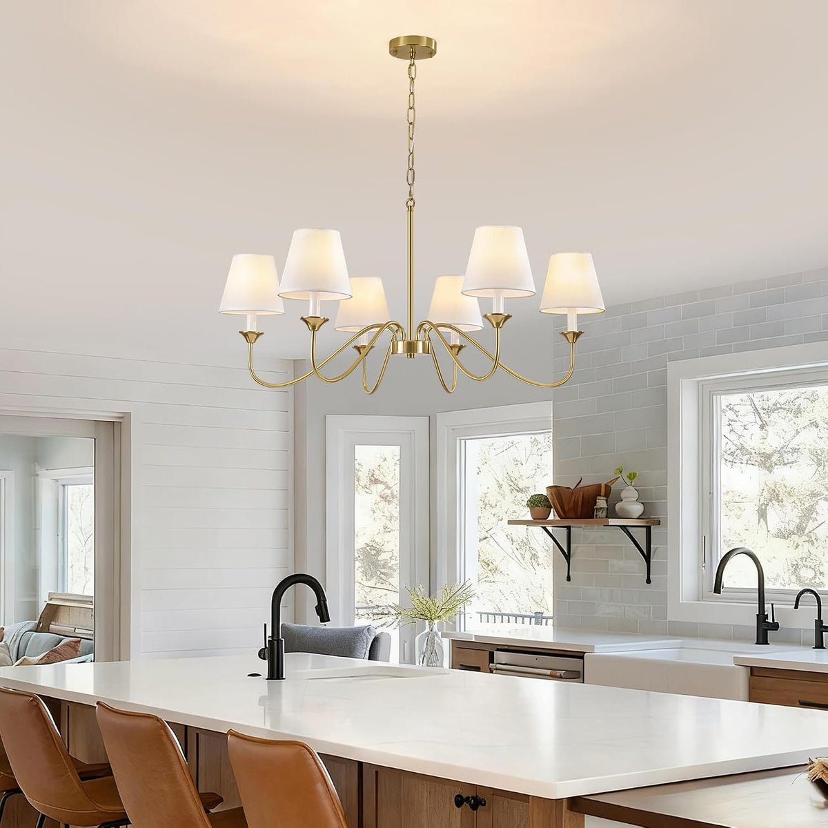 6 Lights Modern Brass Gold Chandeliers for Dining Room, Farmhouse Chandelier 35.8" Hanging Light Fixture, Adjustable Pendant Lights with White Fabric Shade for Kitchen Living Room Bedroom