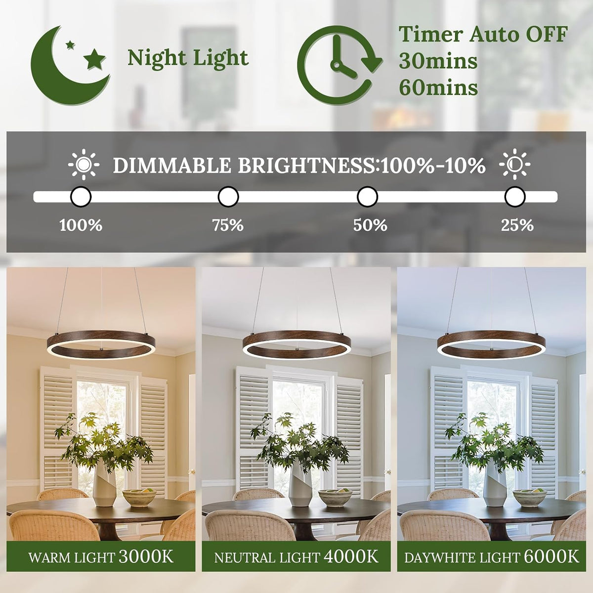 12in LED Ring Chandelier Wood Grain Modern Dimmable Pendant Light