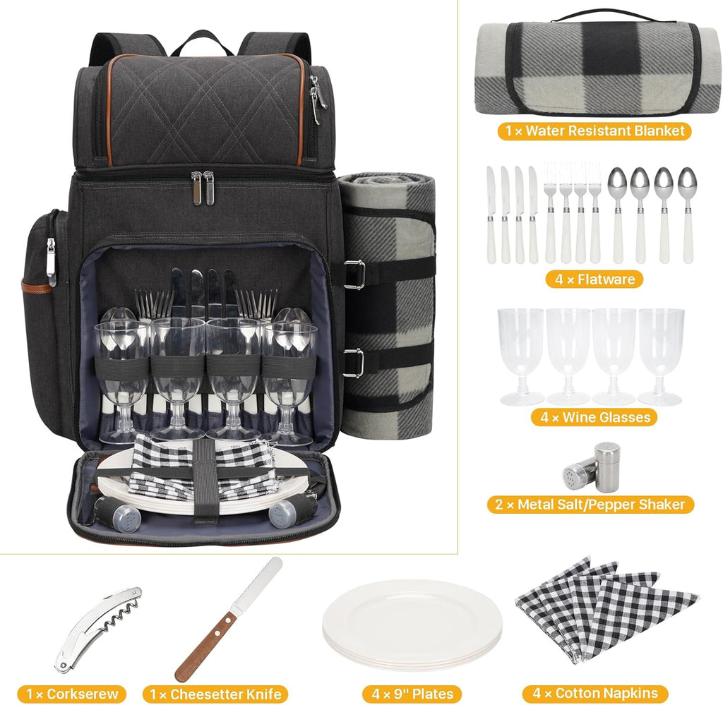 Picnic Backpack for 4, Insulated Cooler Bag with Blanket, Brown