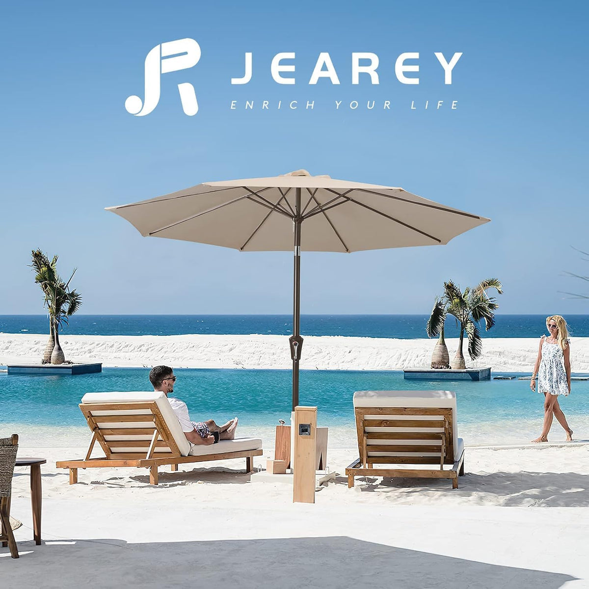 JEAREY 9FT Outdoor Patio Umbrella, Market Umbrella, Beige