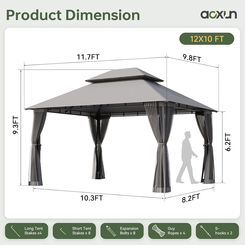 Aoxun 12x10 Outdoor Gazebo with Mosquito Netting & Double Roof, Gray
