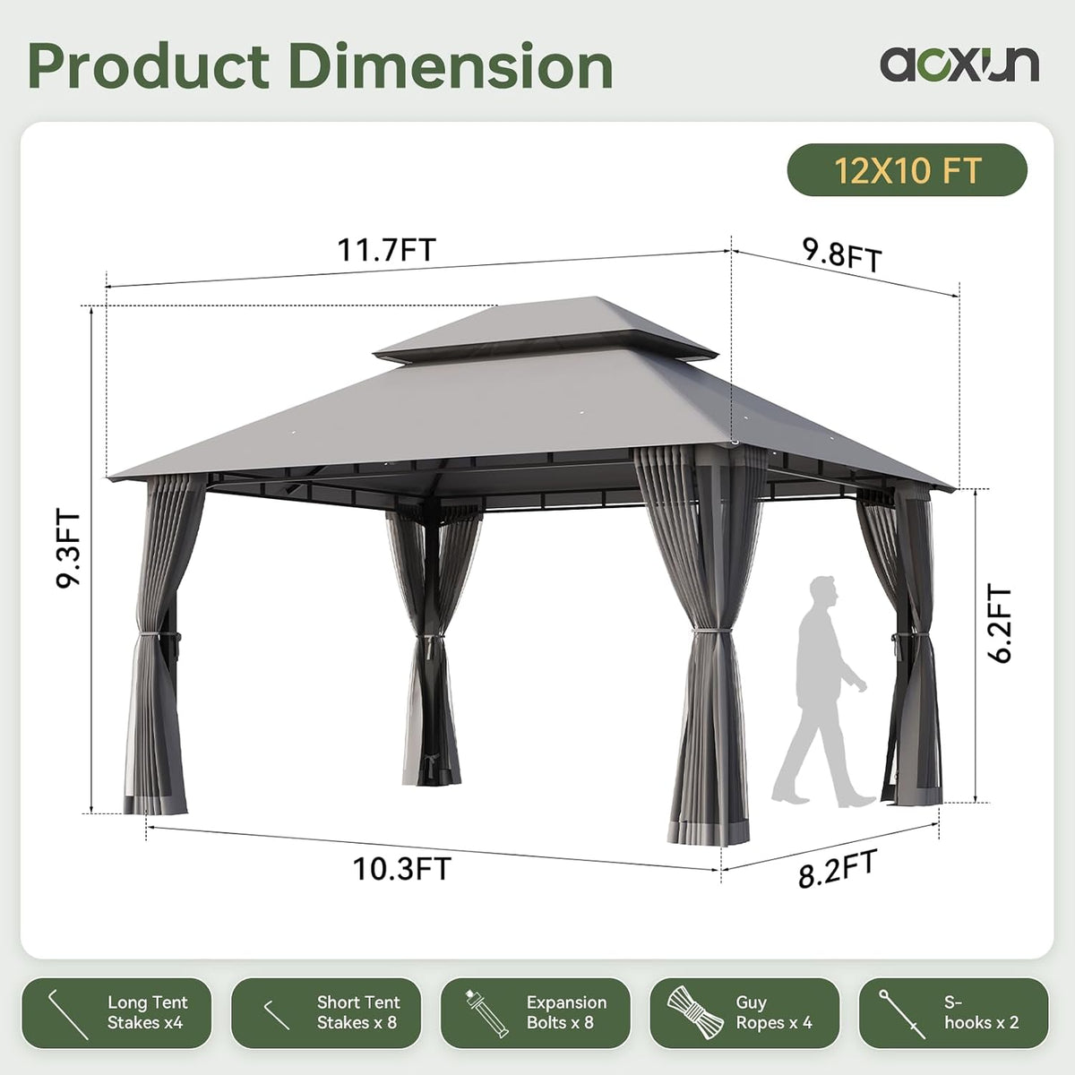 Aoxun 12x10 Outdoor Gazebo with Mosquito Netting & Double Roof, Gray