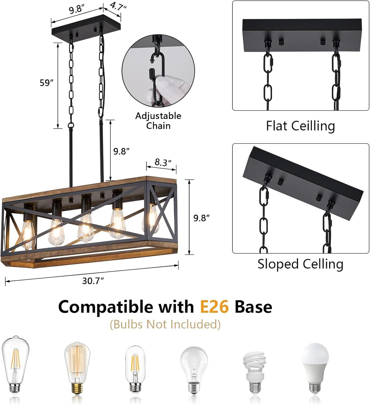 5-light rustic dining room light fixture,31" farmhouse kitchen showing dimensions