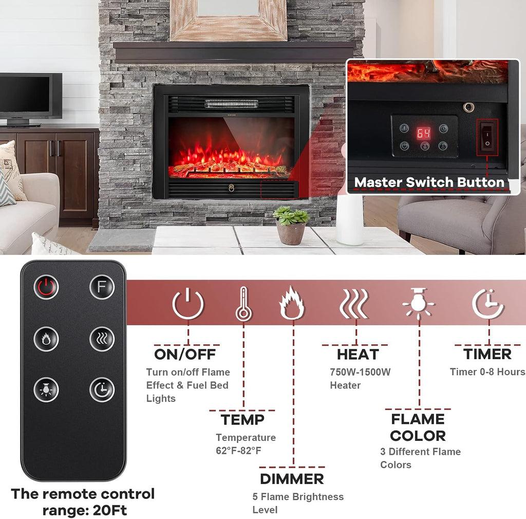 GLACER 28.5'' Electric Fireplace Insert, Recessed & Freestanding with Adjustable Flame Color Timer, Indoor Heater w/Remote Control (750W/1500W) Black