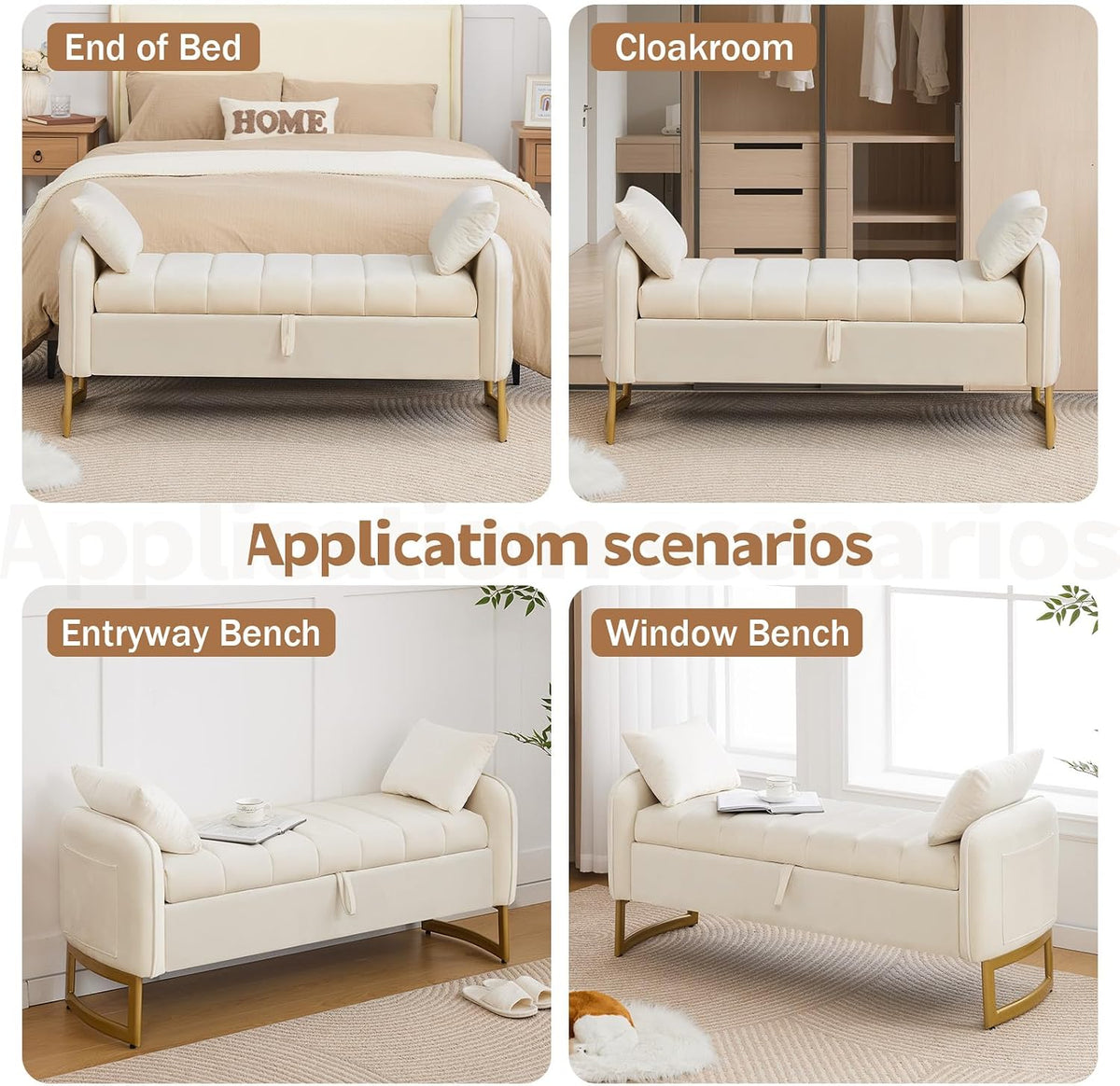 End of Bed Storage Bench, 51'' Storage Ottoman Benches for Bedroom, Cream