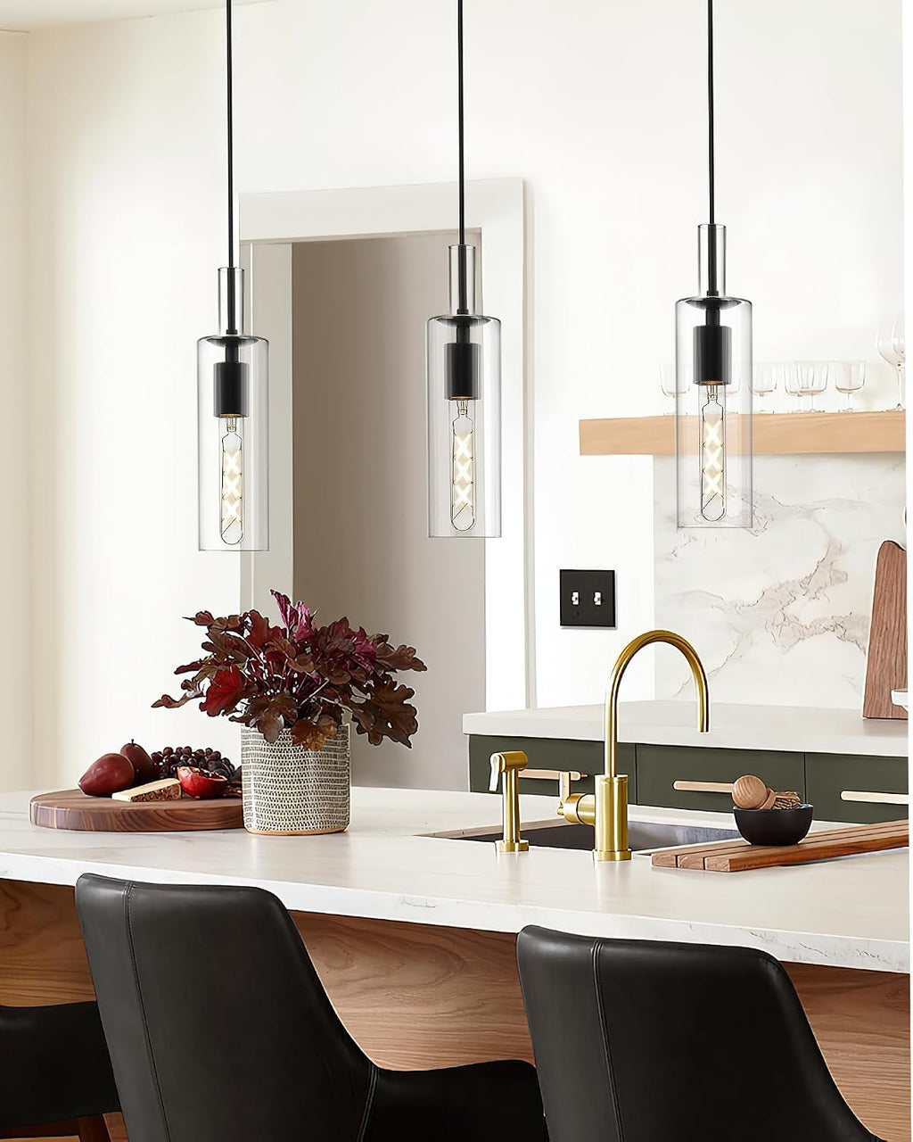 AUTELO 2 Pack Matte Black Pendant Lights Kitchen Island with Clear Glass