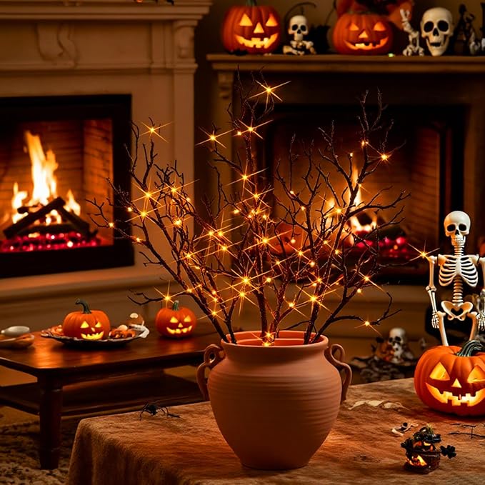 Birchlitland Halloween Branch Lights with Timer Battery Operated 75 LED Orange Fairy Lights, Lighted Black Willow Branches 21IN for Home Decor