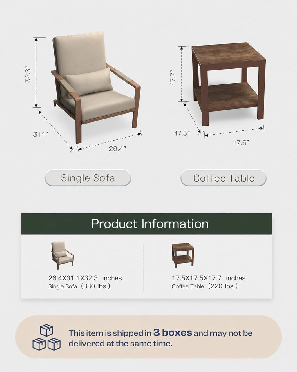 Aluminum Patio Set, 2 Chairs & Side Table, Washable Cushions, Beige (3 Piece)