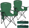 Camping Chairs for Adults, 2 Pack Heavy Duty Folding Chair with 4-Can Cooler Bag, Portable Outdoor Chair with Cup Holder, Collapsible for Tailgating, Beach, Fishing, Green