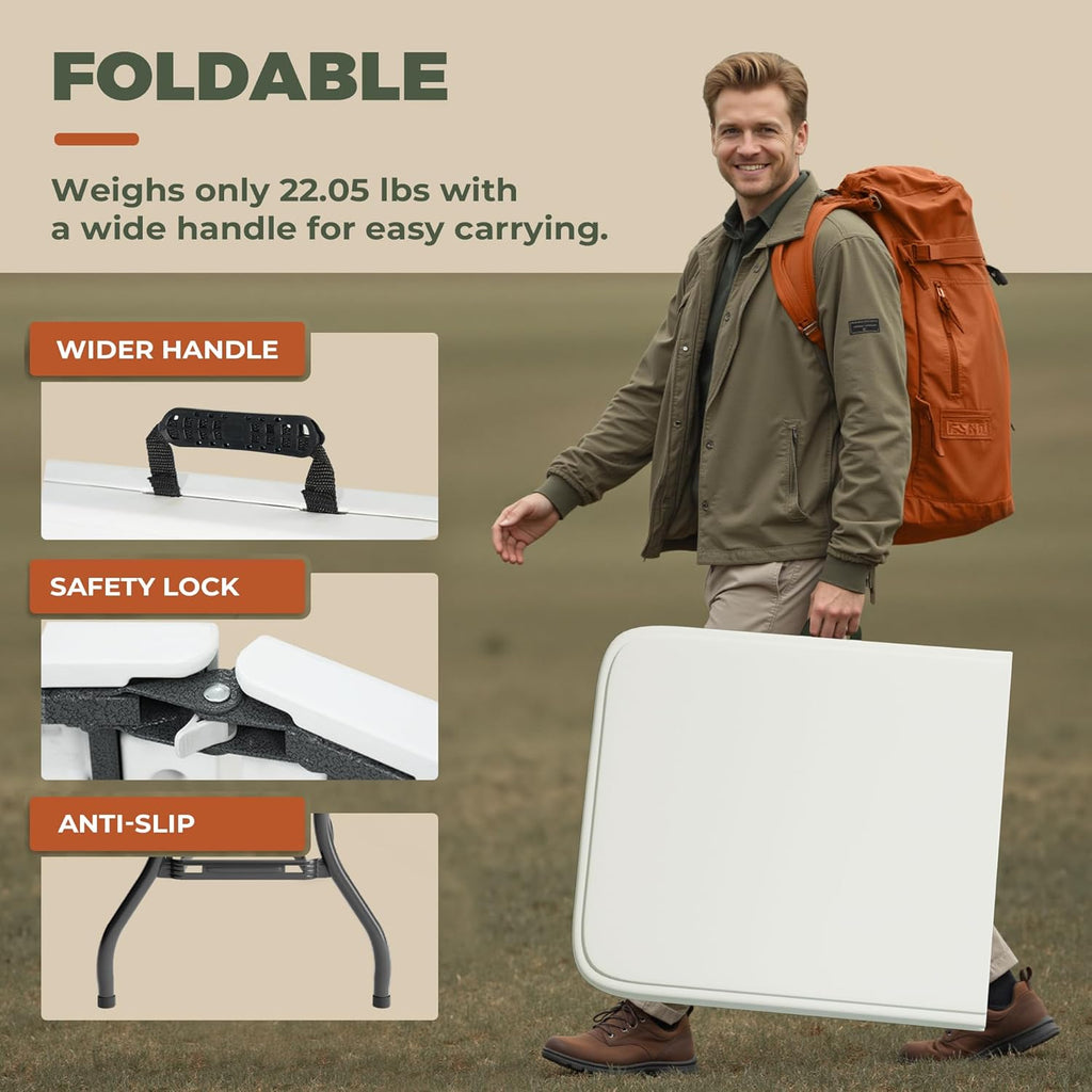 2-Pack 6 Feet Foldable Table, Heavy Duty Steel Legs with Built-in Handle, Easy Fold & Store, Portable Folding Table for Parties, Weddings, Camping
