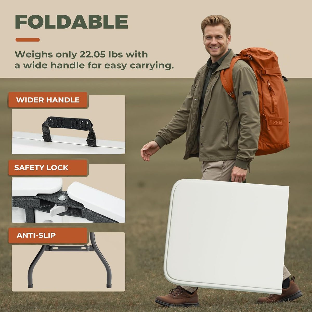 2-Pack 6 Feet Foldable Table, Heavy Duty Steel Legs with Built-in Handle, Easy Fold & Store, Portable Folding Table for Parties, Weddings, Camping