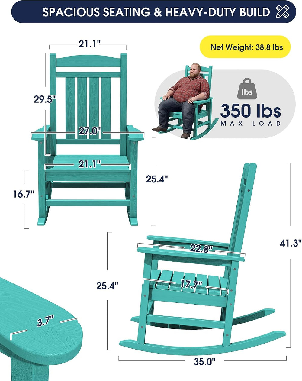 KINGYES Oversized Outdoor Rocking Chair for Adults, Porch Rockers, Aruba