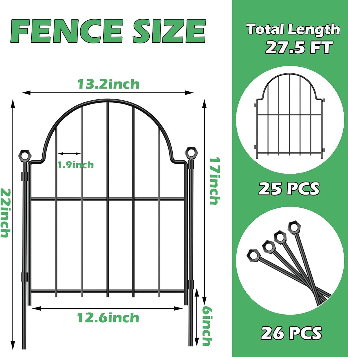 Blingluck Decorative Garden Fence, 17in(H) x 27.5ft(L), with Ground Stake