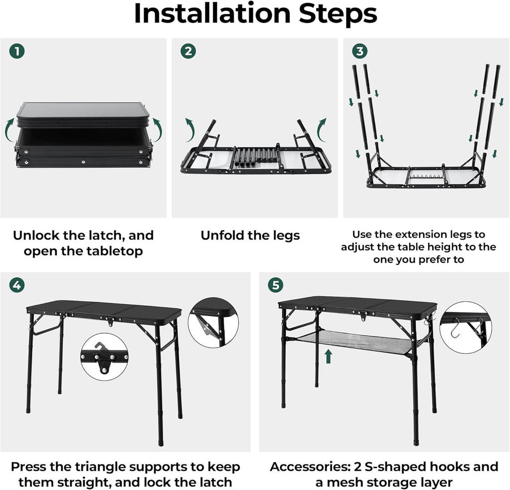 3ft Folding Camping Table with 3 Adjustable Height Max 27.3 Inch