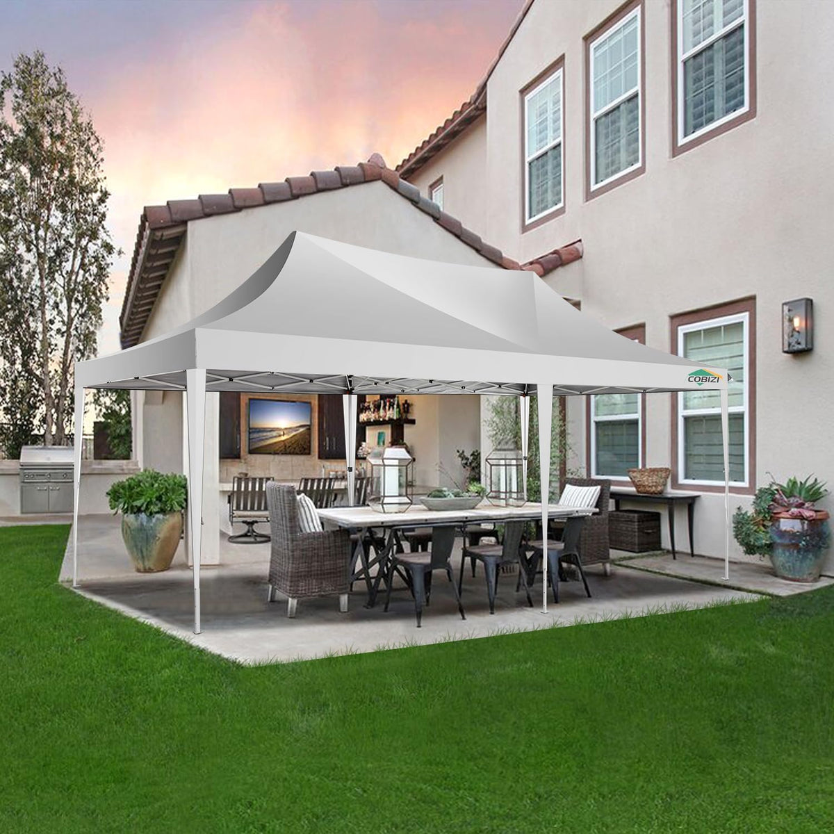 COBIZI 10x20 Pop up Canopy Tent with 6 Sidewalls, Easy up Canopy Tents for Parties with Metal Frame, Waterproof & UV50+, Height Adjustable, Portable Carry Bag Included (White)