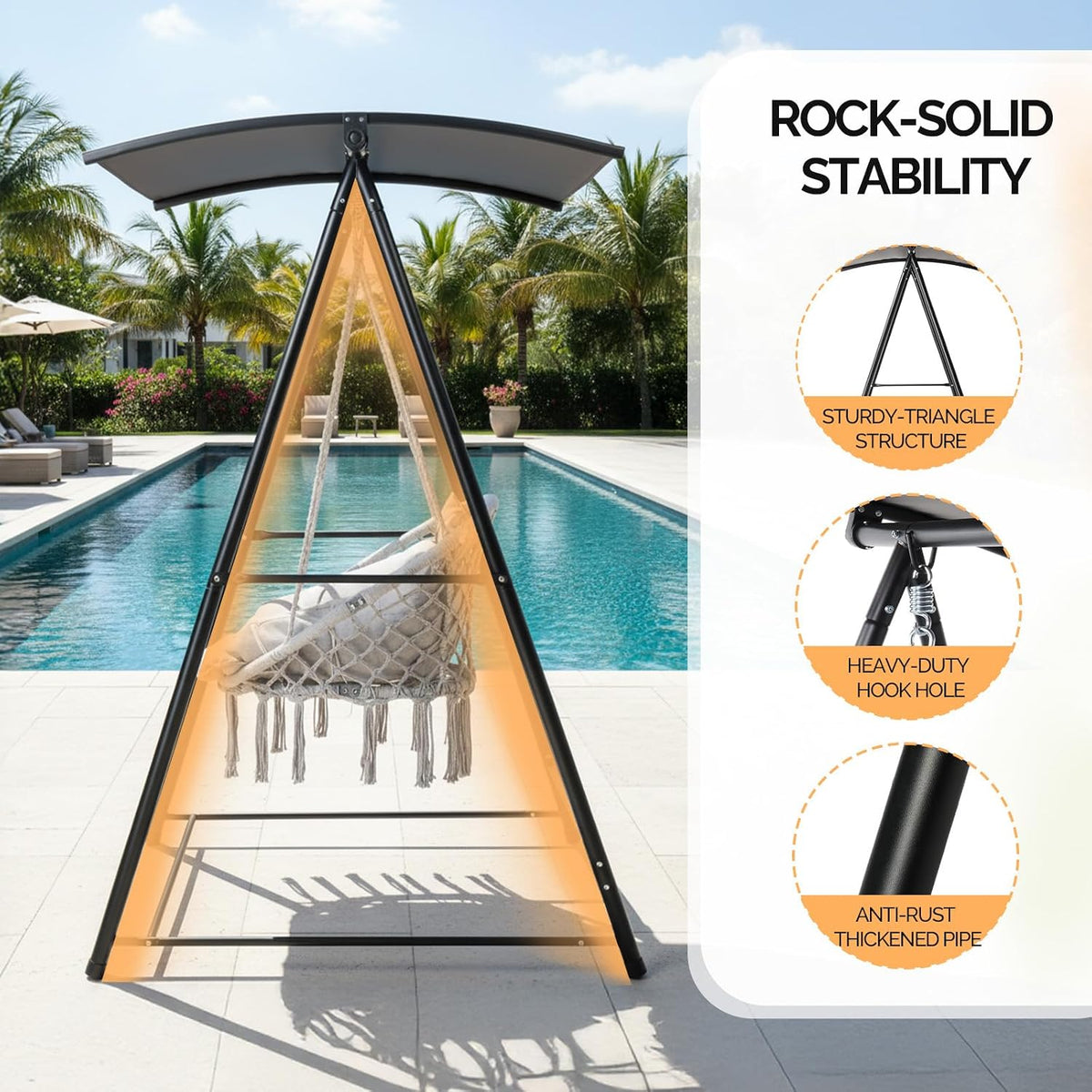 OnCloud Outdoor Hammock Chair Stand with Canopy, Heavy Duty Hammock Stand Only, Swing Stand with 3 Hooks, Max Load 660lbs, Fits Most Hanging Chairs Frame, Black