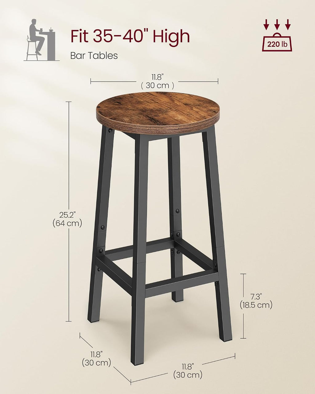 VASAGLE Bar Stools Set of 2 with Round Seat, Modern Basic Style