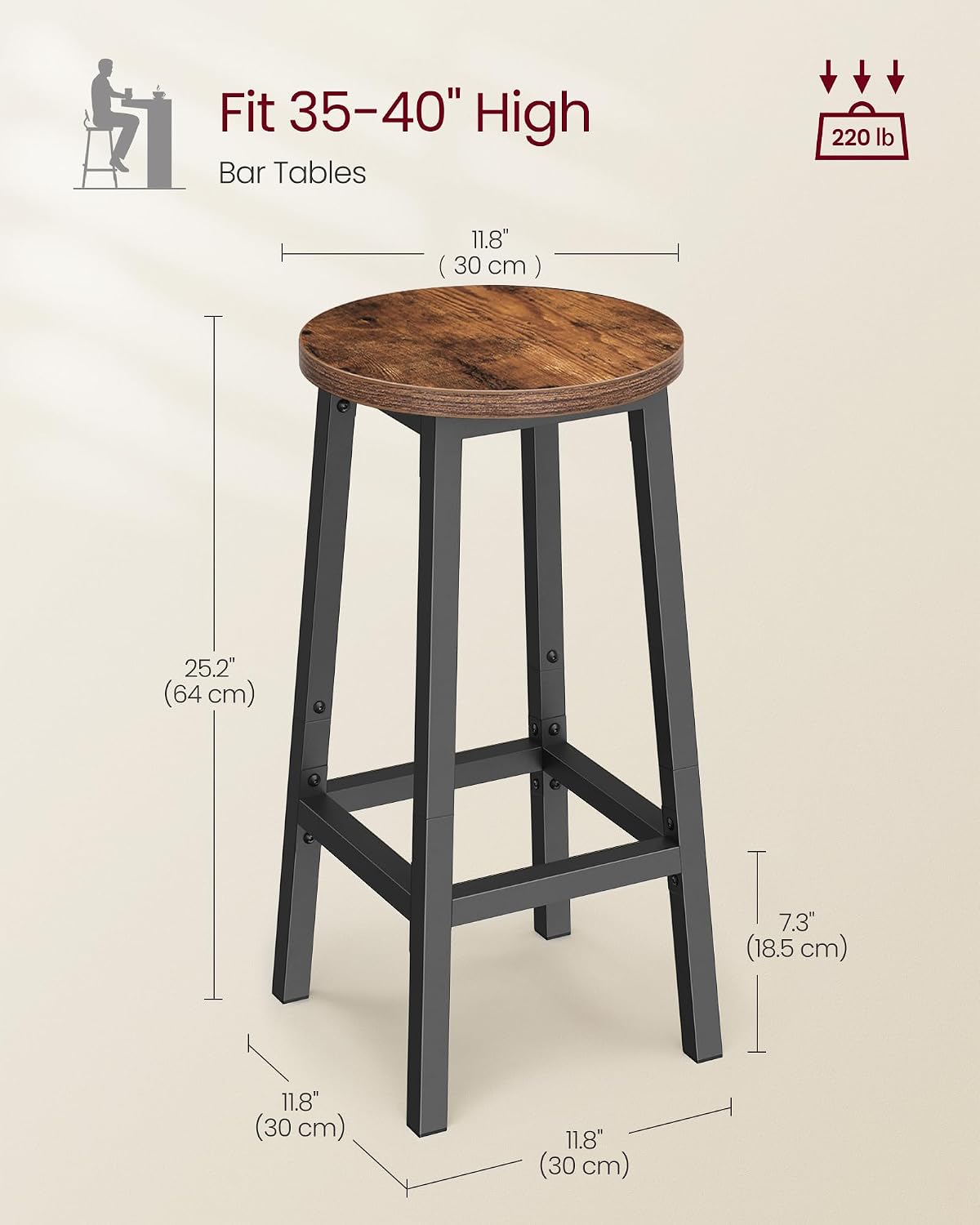 VASAGLE Bar Stools Set of 2 with Round Seat, Modern Basic Style