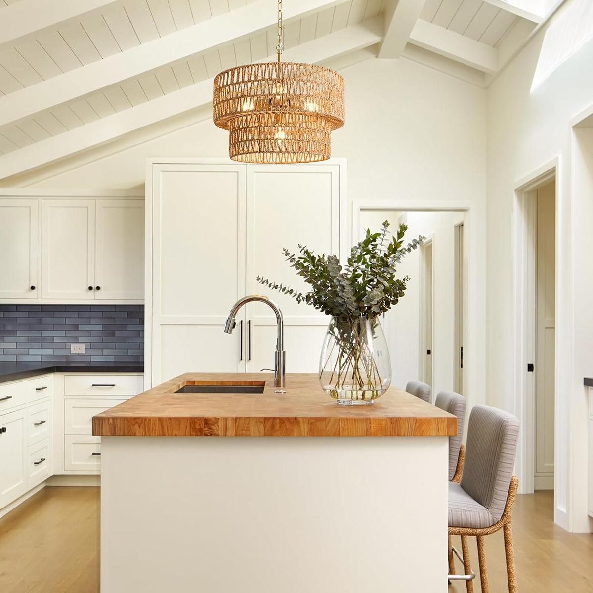 17.8" boho rattan chandelier light fixtures, 4-light rattan shown in use