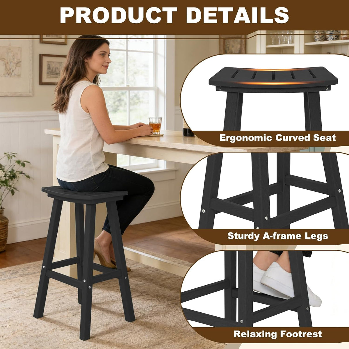Outdoor Bar Stools Set of 2, 29" HDPE Bar Height Chairs