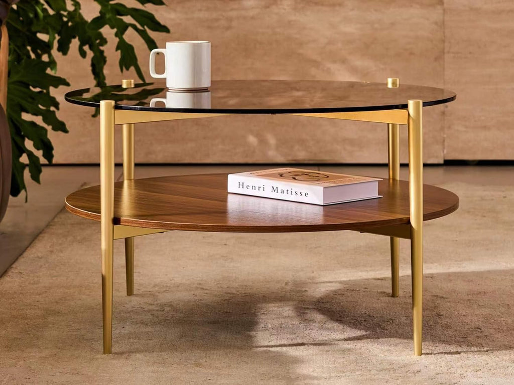 Shrine Round Glass Coffee Table, Mid-Century Modern Design, D30 x H17 in, 2-Tier Structure, Amber Glass Top and Walnut MDF Shelf, Sleek Conical Metal Legs with Gold Finish
