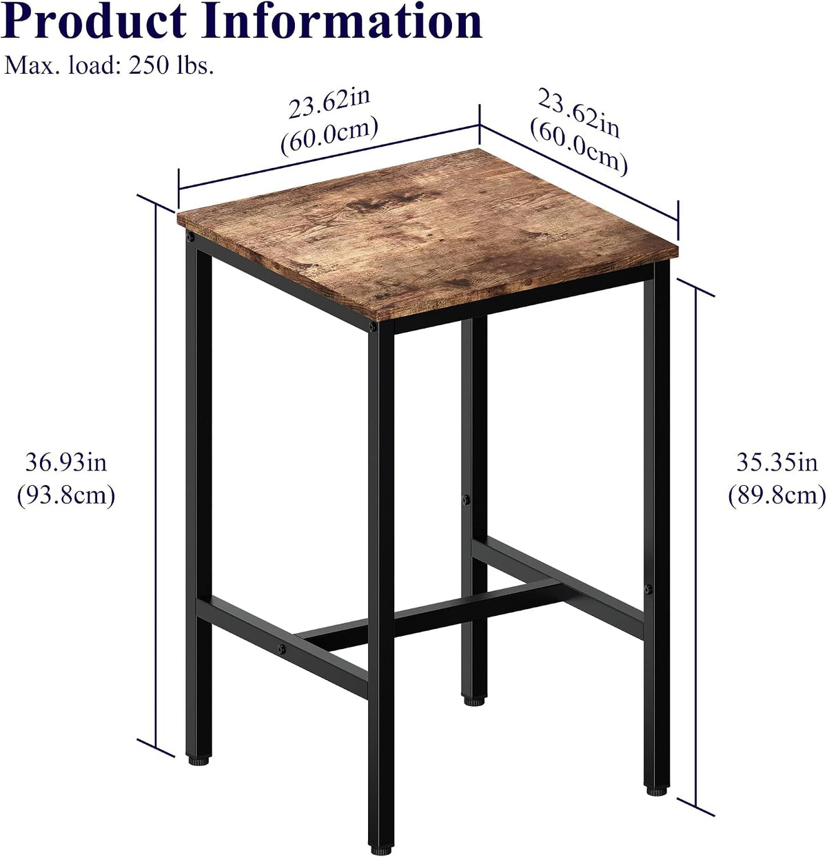 Lutown-Teen Square Bar Table, High Top Table - Industrial Metal Frame for Small Spaces & Narrow Kitchens, 23.6x23.6x36.9 in (LxWxH), Easy Assembly, Rustic Brown and Black