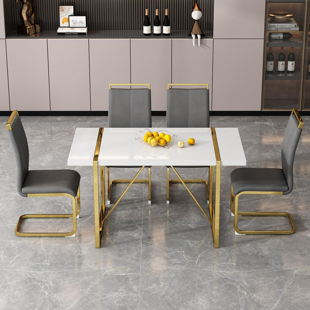 Ebullient White Rectangular Dining Table Set for 4, MDF Table with Light Grey Faux Leather Chairs, 5 Piece Modern Dining Set with Metal Frame
