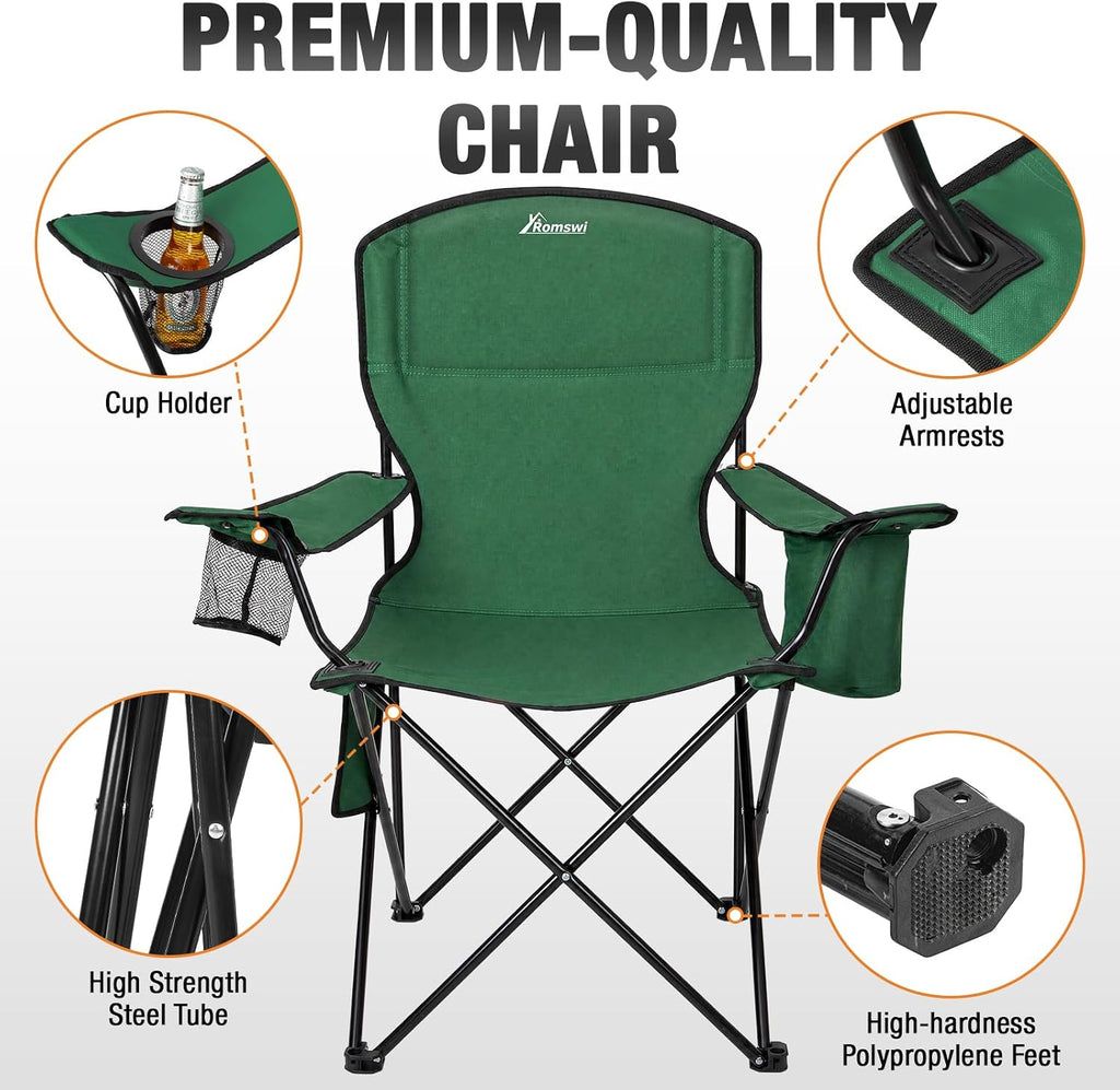 Camping Chairs for Adults, 2 Pack Heavy Duty Folding Chair with 4-Can Cooler Bag, Portable Outdoor Chair with Cup Holder, Collapsible for Tailgating, Beach, Fishing, Green