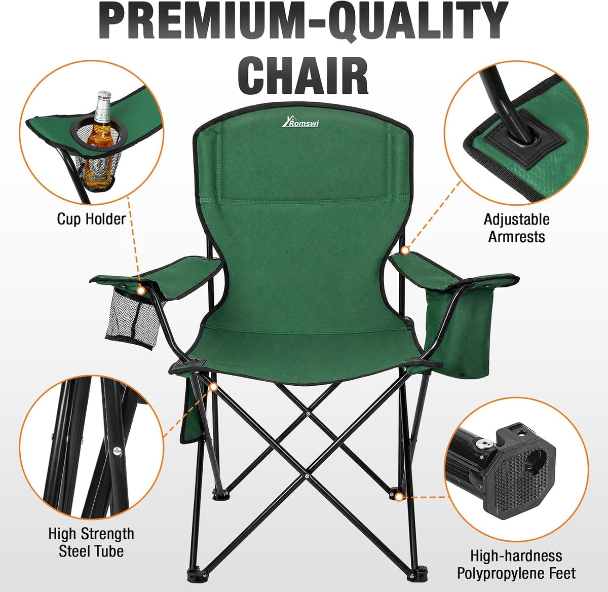 Camping Chairs for Adults, 2 Pack Heavy Duty Folding Chair with 4-Can Cooler Bag, Portable Outdoor Chair with Cup Holder, Collapsible for Tailgating, Beach, Fishing, Green