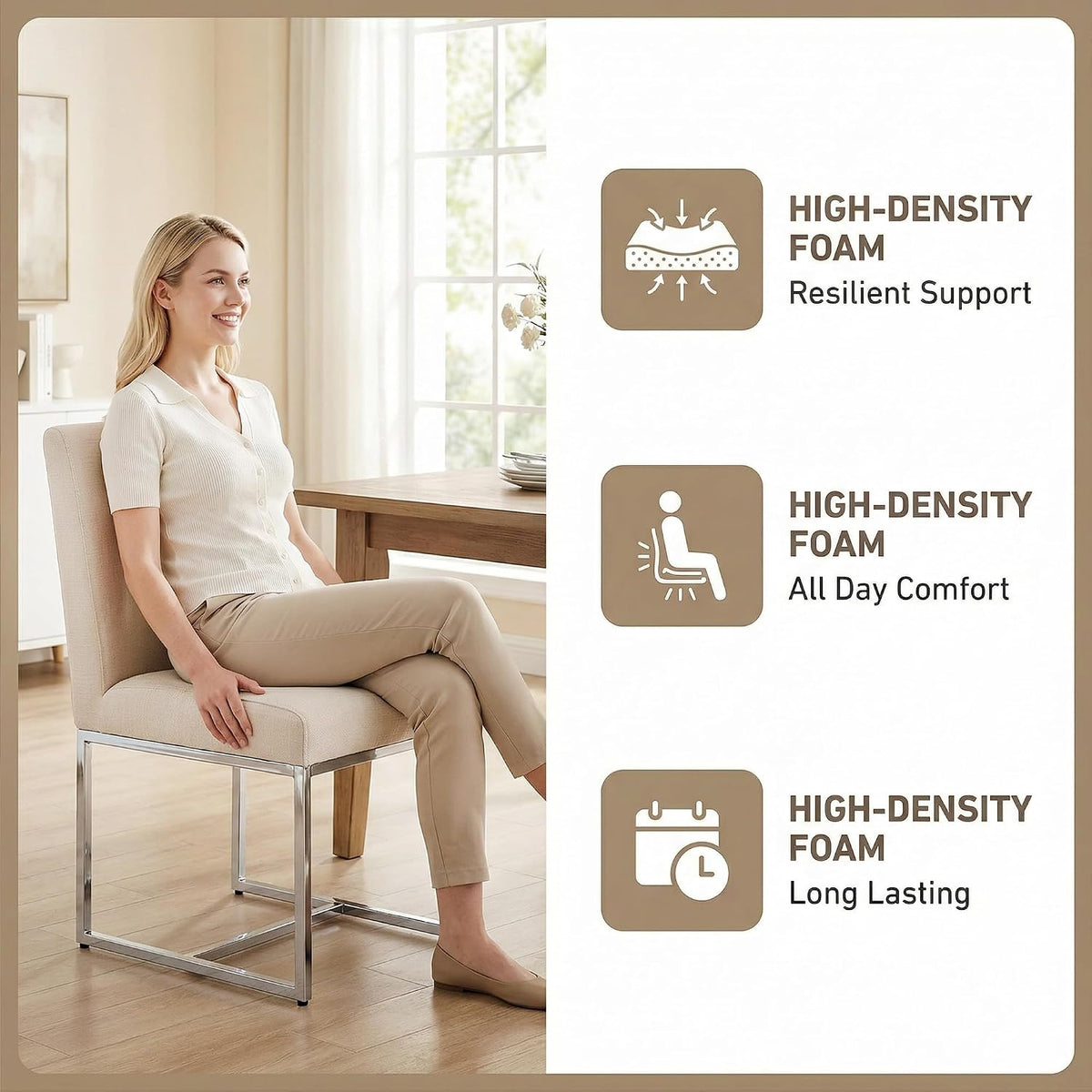 HNY Modern Dining Chairs Set of 6, Upholstered Linen Dining Room Chairs with Ergonomic Back & Polished Silver Metal Frame for Home, Kitchen, Apartment, Cream