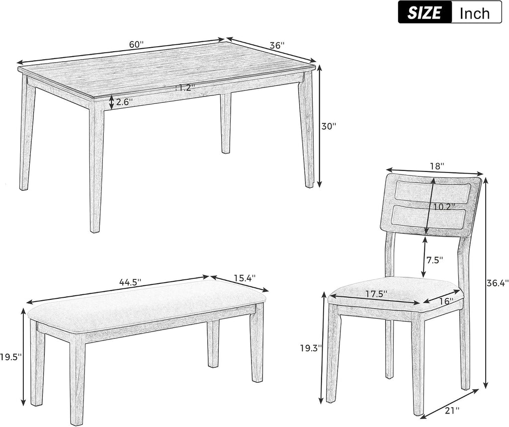 Harper & Bright Designs Kitchen Dining Table Set for 6, Classic and Traditional Style 6 Piece Kitchen Dining Table Set, 4 Upholstered Chairs & Bench (White+Gray)