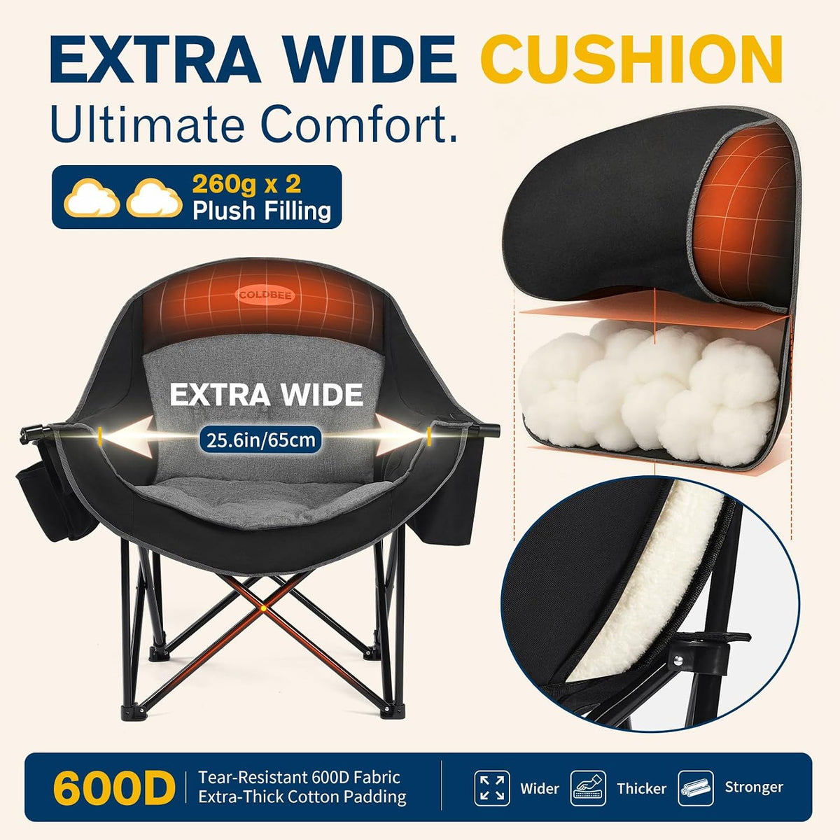 2PCS Oversized Camping Chairs, Heavy Duty Padded, Thick Headrest, Black