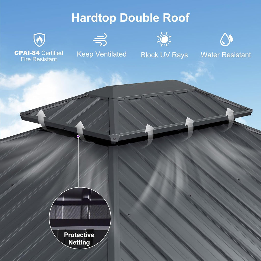 PURPLE LEAF Hardtop Gazebo 10' x 12' Aluminum with Privacy Curtain, Grey