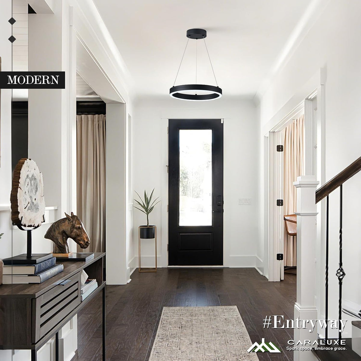 12in LED Ring Chandelier Black Modern Dimmable Pendant Light