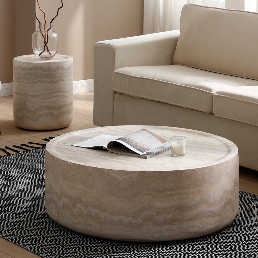 ø31.5'' Round Stone Coffee Table for Living Room, Modern Drum Circle Faux Concrete Marble Coffee Table, Fiber Glass Material, No Assembly (Mars Texture, ø31.5'' x 11.8'')