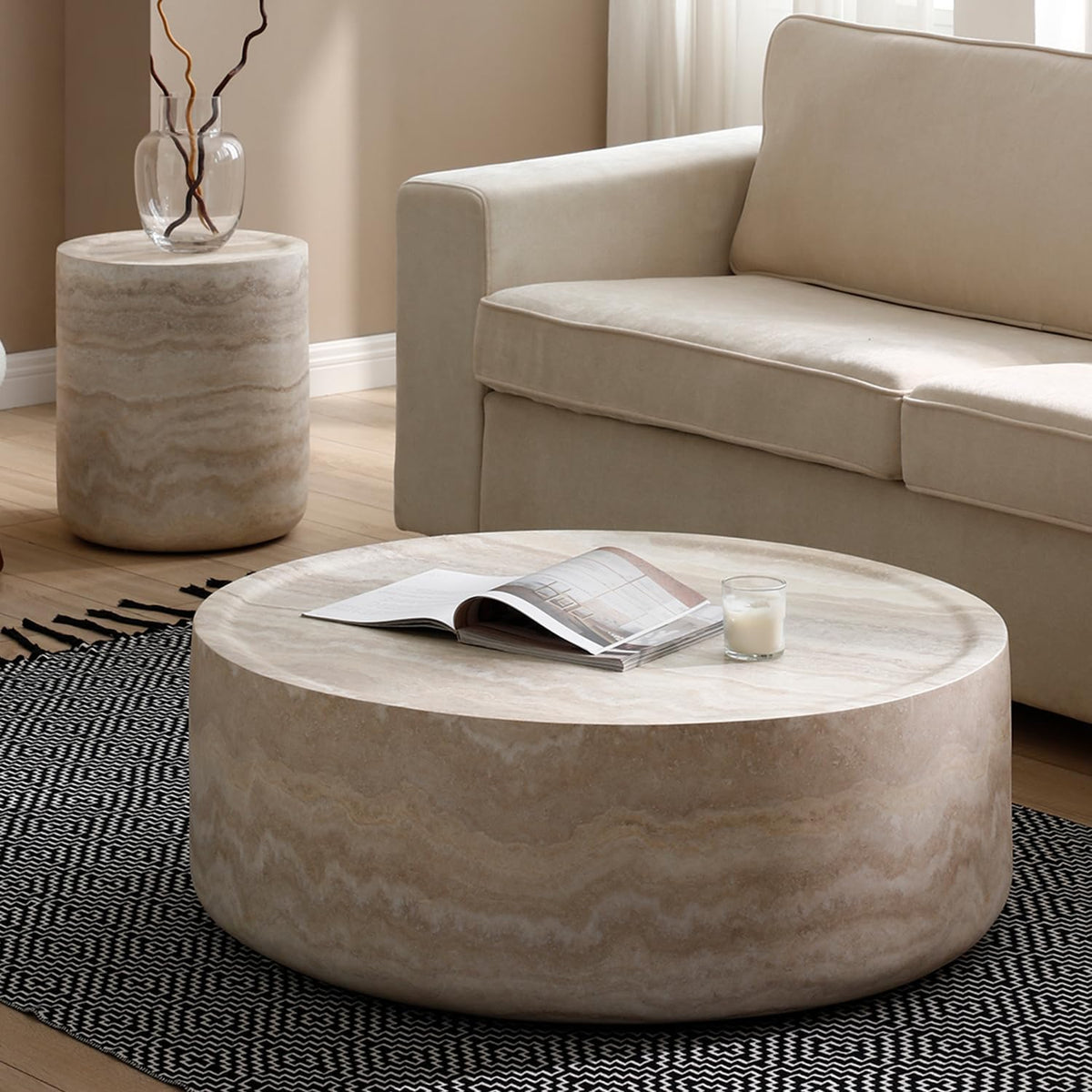ø31.5'' Round Stone Coffee Table for Living Room, Modern Drum Circle Faux Concrete Marble Coffee Table, Fiber Glass Material, No Assembly (Mars Texture, ø31.5'' x 11.8'')