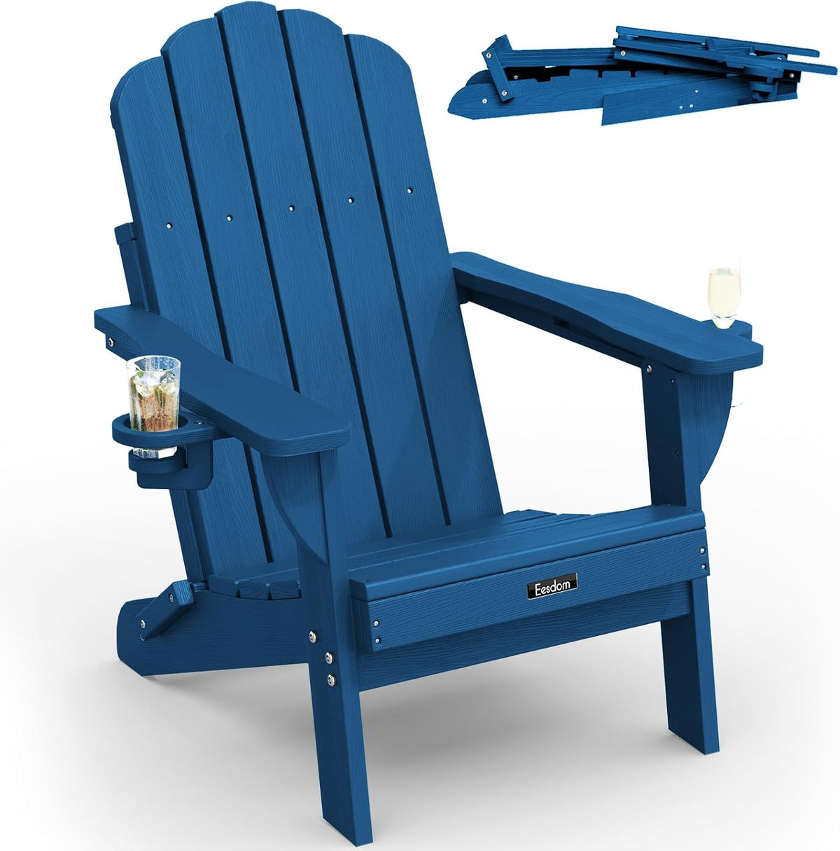 Folding Adirondack Chair, All-Weather HDPE Patio Chair with 2 Cup Holders