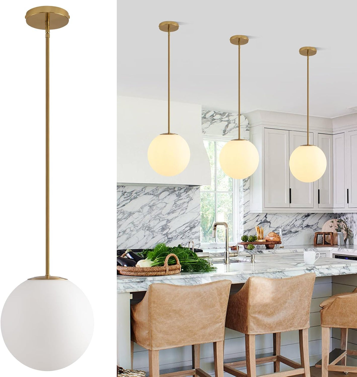 10in Milk Glass Pendant Light, Mid Century Modern Pendant Lights Kitchen Island, Brass Fininsh Hanging Light Fixture for Dining Room Over Table Sink Hallway, Gold & Milk 1 Pack