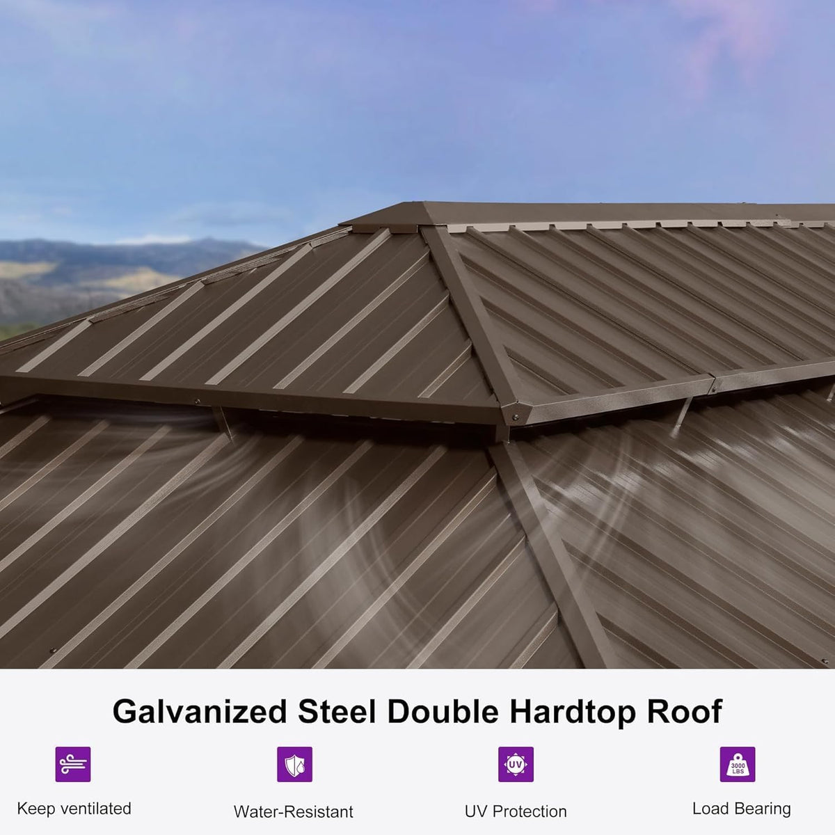 PURPLE LEAF Patio Hardtop Gazebo 12' x 28' Bronze Frame Double Roof Khaki