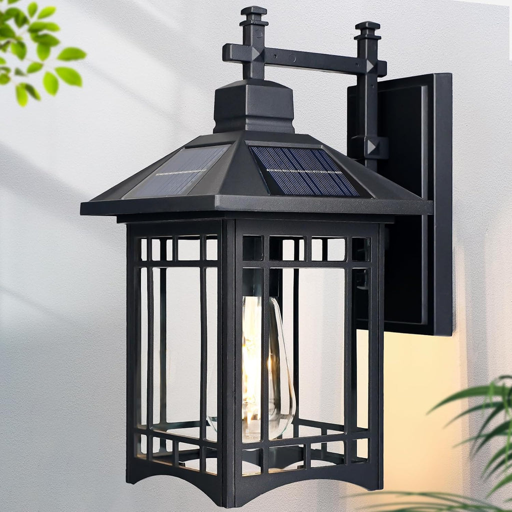 Solar Outdoor Wall Light，Exterior Lighting fixtures，Modern Black Exterior Light Fixture with Clear Glass Shade，Outdoor Solar Wall Lights Dusk to Dawn，for House Garage Doorway Patio