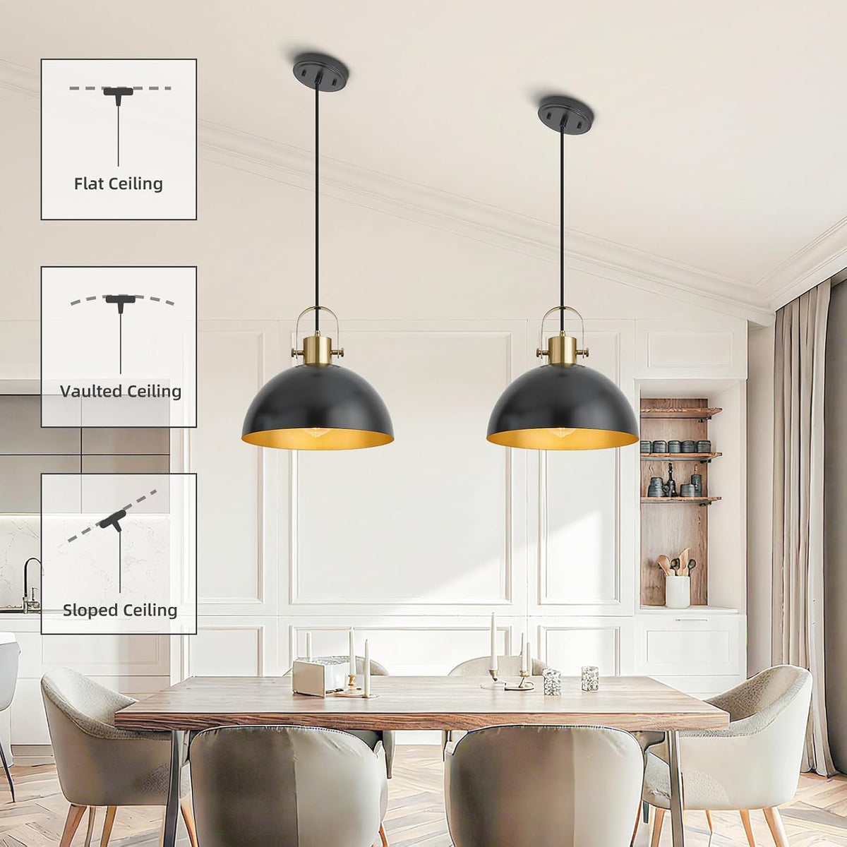 12 inch farmhouse pendant lights, black, 3 pack, side view