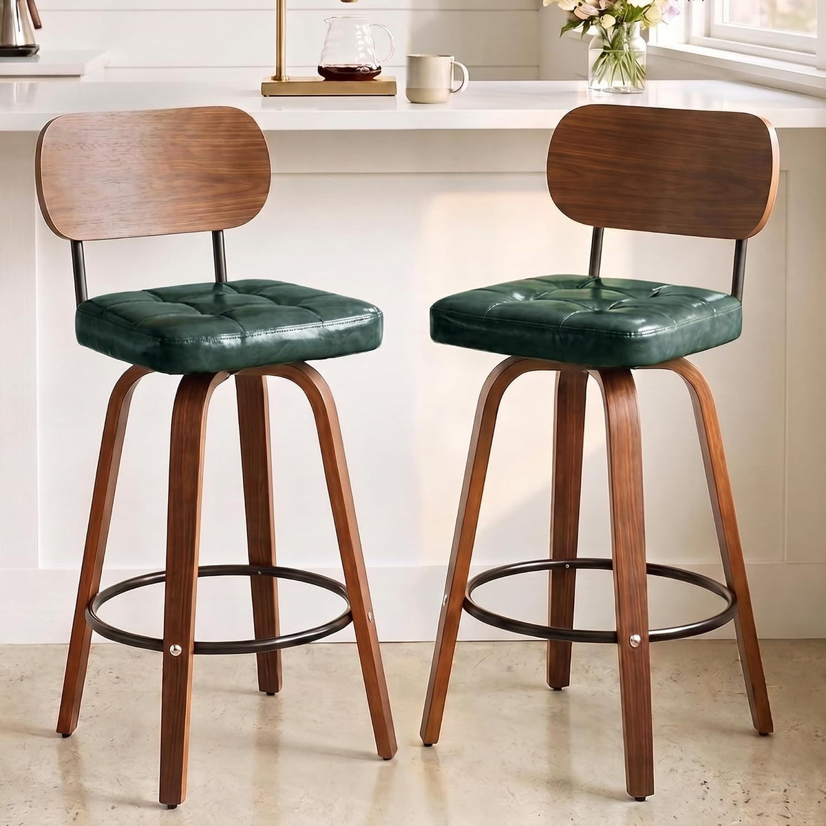 KEEZY Bar Stools Set of 2, 30''Counter Height Barstools with Backrest, Wax Leather Upholstered Bar Chairs, Walnut Bentwood Legs Footrest, Barstools for Home Bar Cafe Pub（Green）