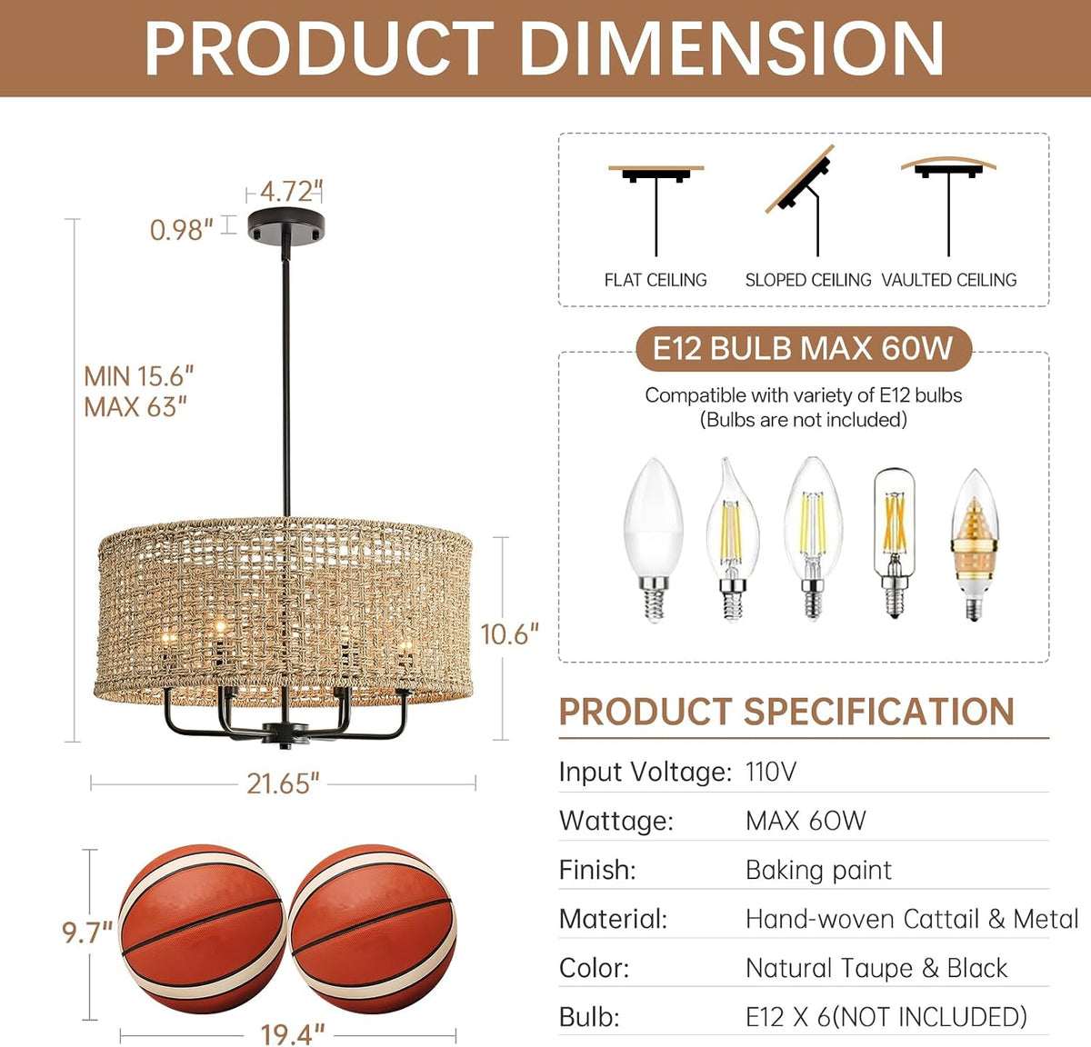 21.6" large rattan chandelier, 6-light boho pendant light, side view