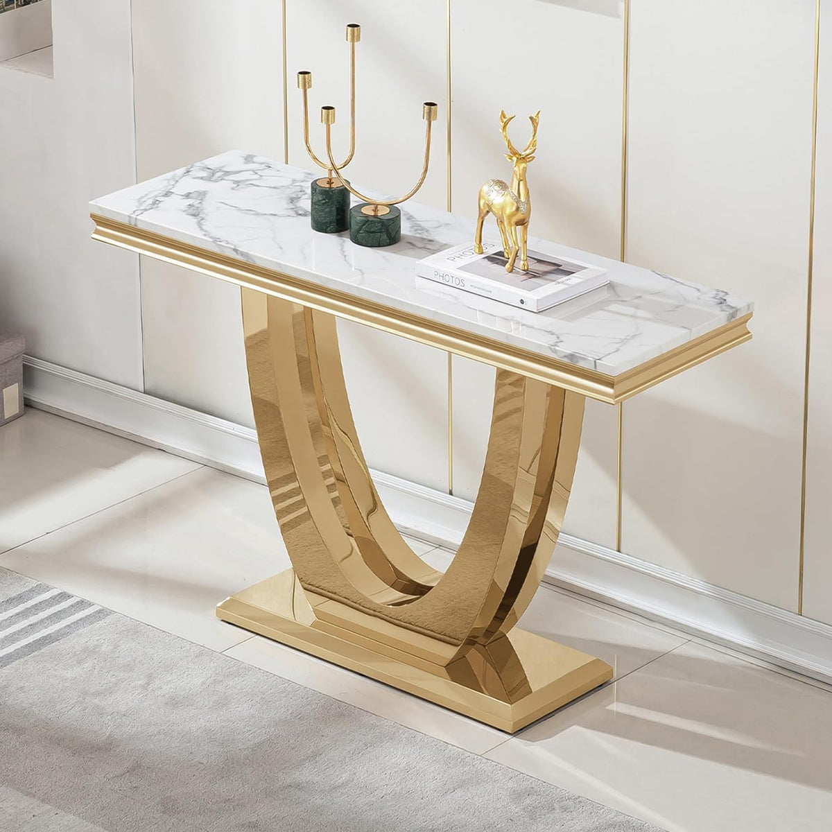 46.85" White Marble Console Table for Living Room, Faux Marble Sofa Table with Stainless Steel U-Base, Mid Century Modern Console Tables, Luxury Gold Long Narrow Entryway Hallway Tables