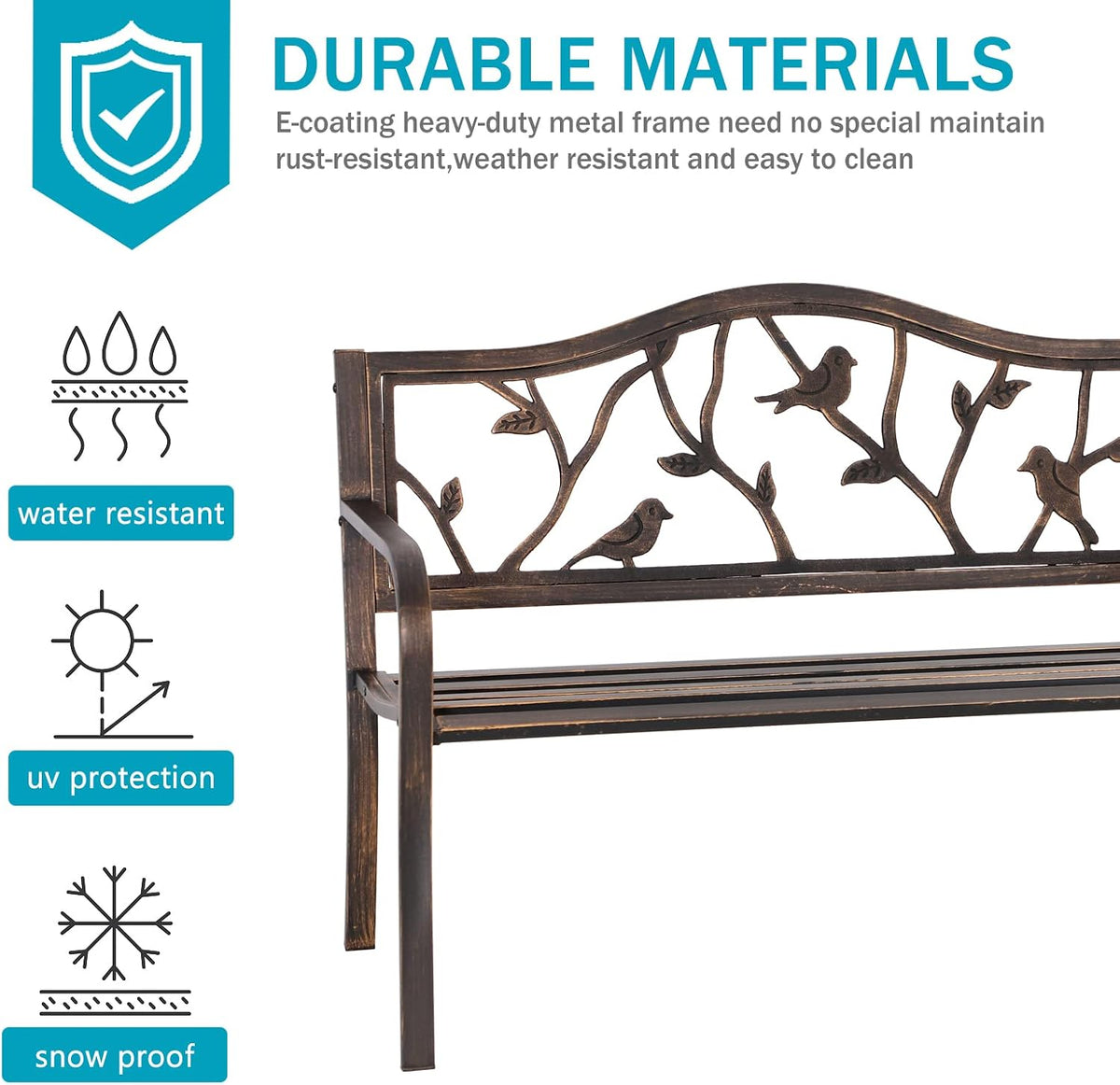 MFSTUDIO 50 Inches Outdoor Garden Bench Cast Iron Metal Bird Pattern Bronze