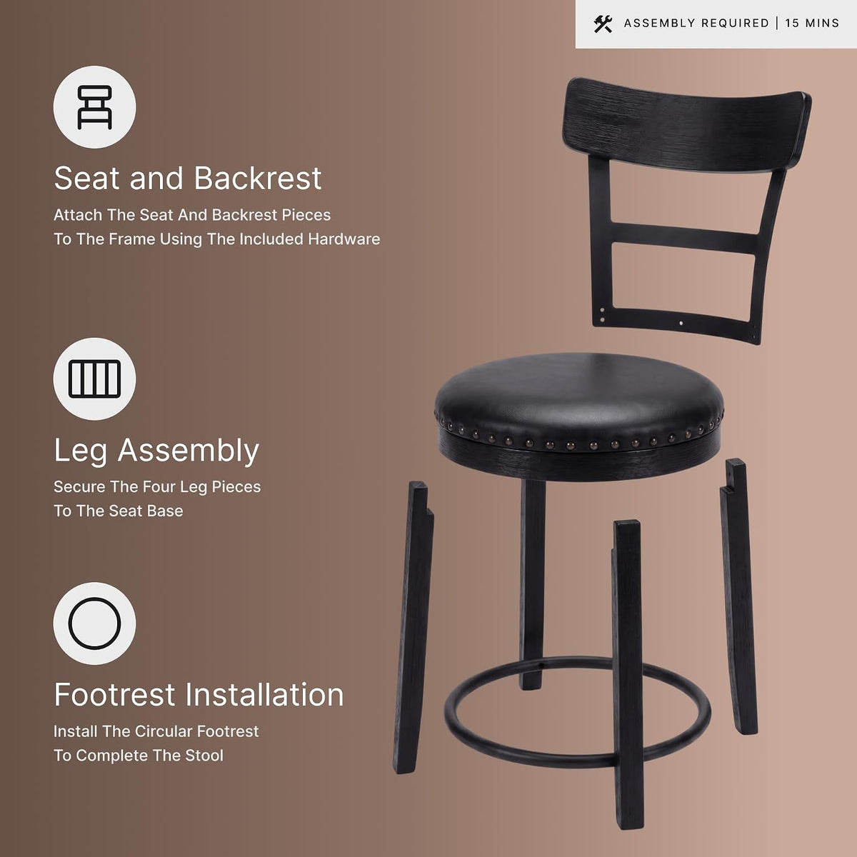 Signature Design by Ashley 1-Piece Counter Height Bar Stool, Black Swivel