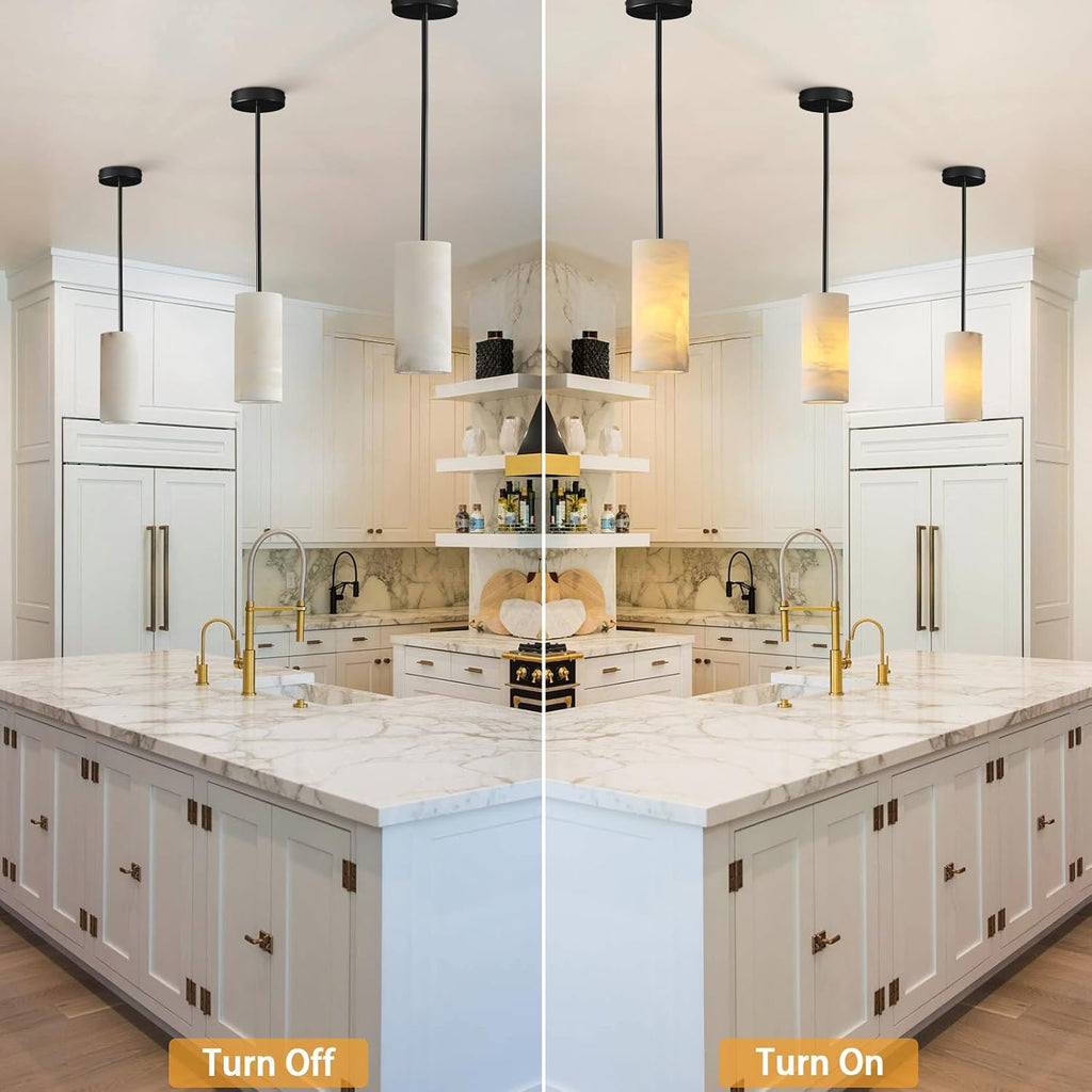 Alabaster Pendant Lights Kitchen Island, Black Hand Carved Alabaster Cylinder Pendent, Spanish Natural Marble Light Pendant for Bedroom Bathroom Dining Room Living Room- 3 PC