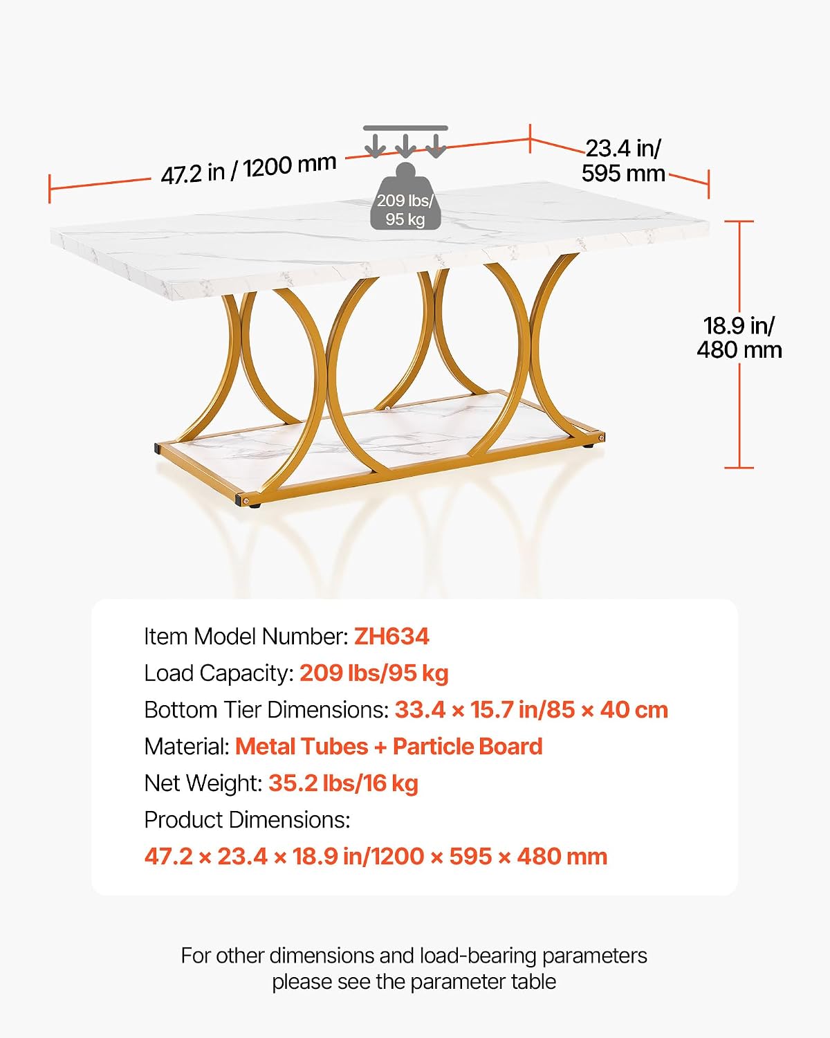VEVOR Coffee Table, Modern Faux Marble Coffee Table, Large 2-Tier Rectangle Center Desk with Geometric Legs, Minimalist Sturdy Metal Frame Accent End Desk for Living Room, Office, Easy Assembly, White