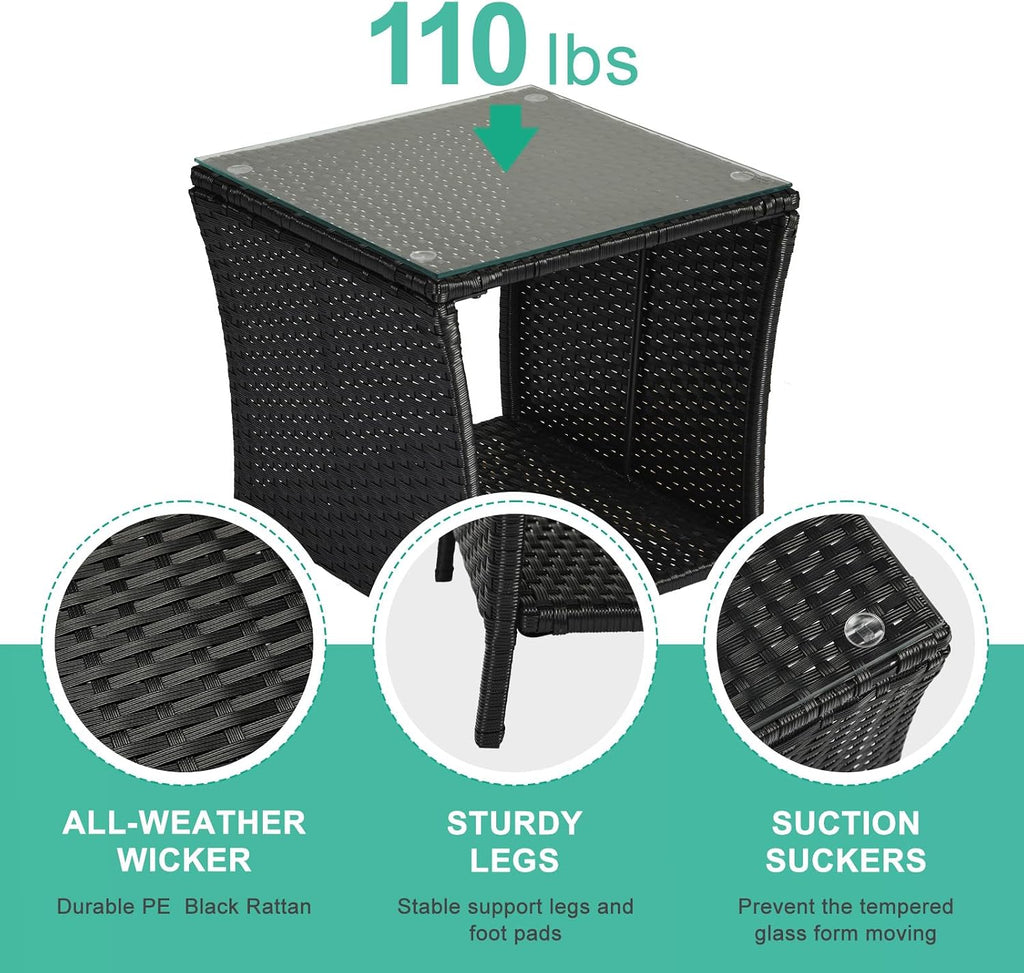 VINGLI Outdoor Wicker Side Table Patio Side Tables for Outside, Tempered Glass Top Wicker Table with Storage End Table for Balcony Porch Deck (Black)