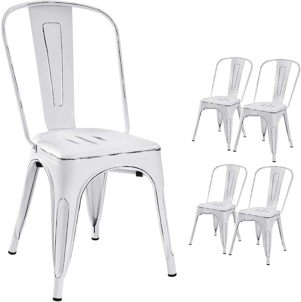 Devoko Metal Indoor-Outdoor Chairs Distressed Style Kitchen Dining Chairs Stackable Side Chair with Back Set of 4 (White)